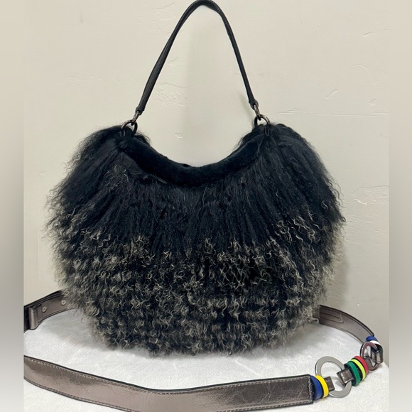 2 Tone Real Mongolian Lamb Fur Handmade Half-moon Boho Bag/Crossbody - Picture 1 of 17